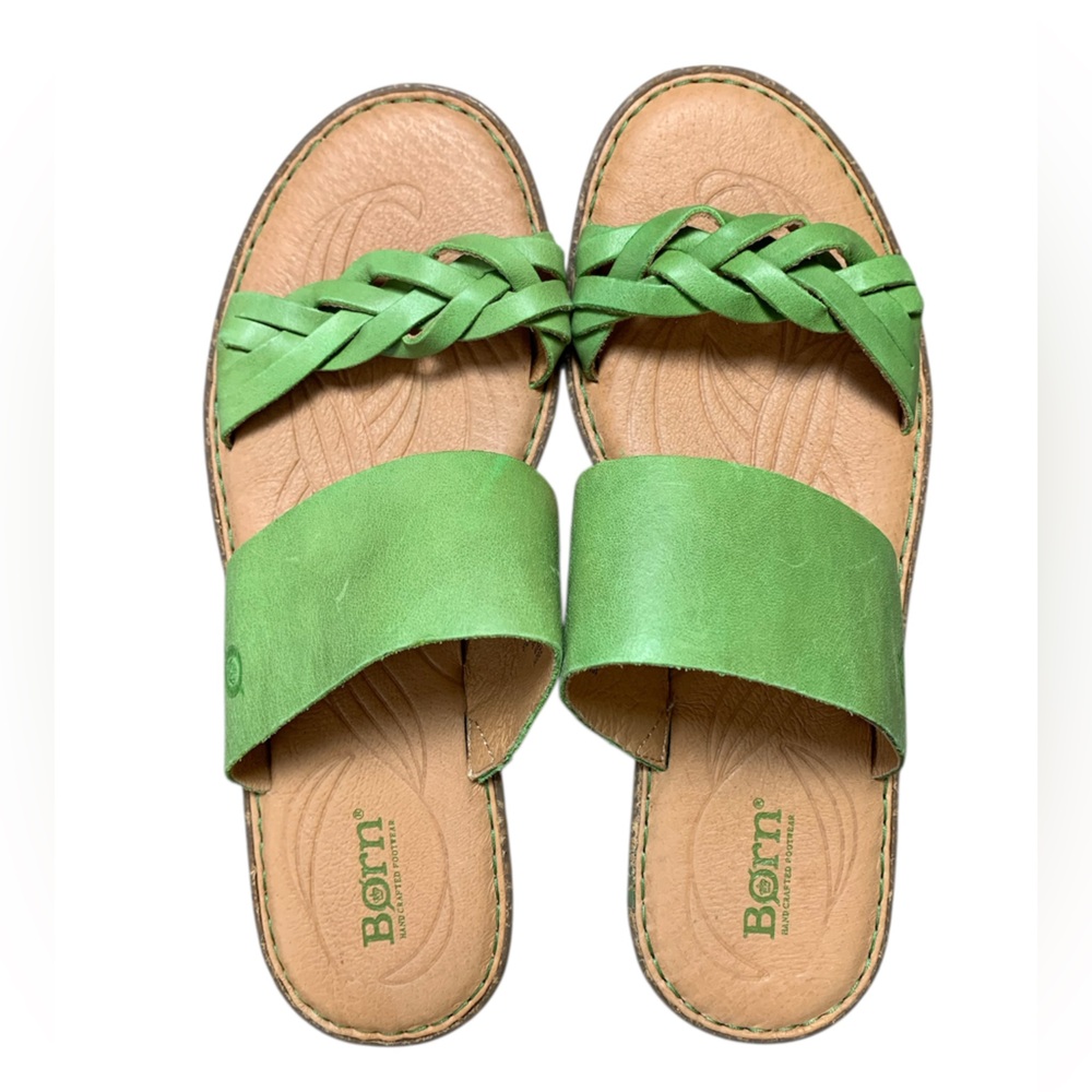 Born Morena Green Leather Braided‎ Slide Sandals BR0033929 Bohemian Flat